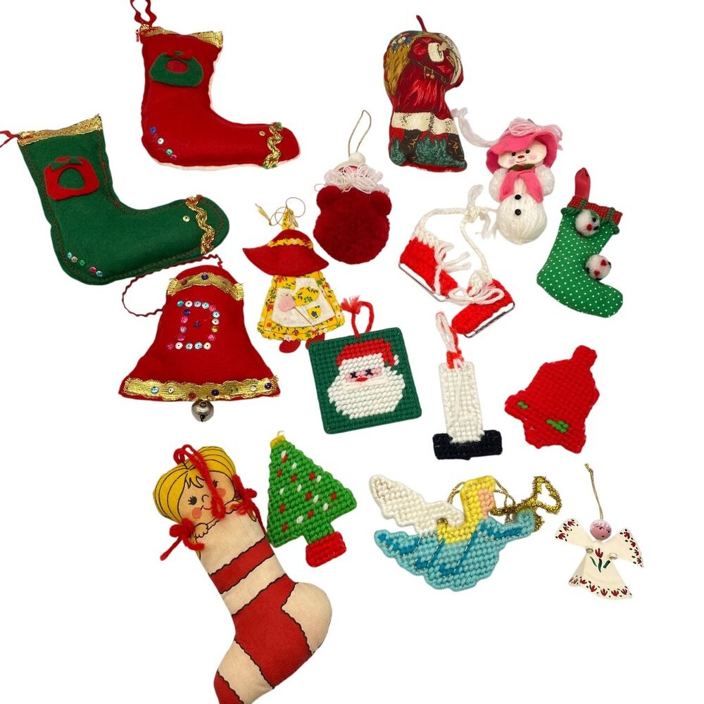 Vintageโ Christmas handmade ornament lot felt cross stitch metal hand sewn